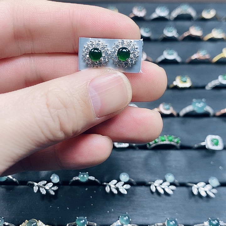 翡翠耳饰银S925镶嵌太阳花