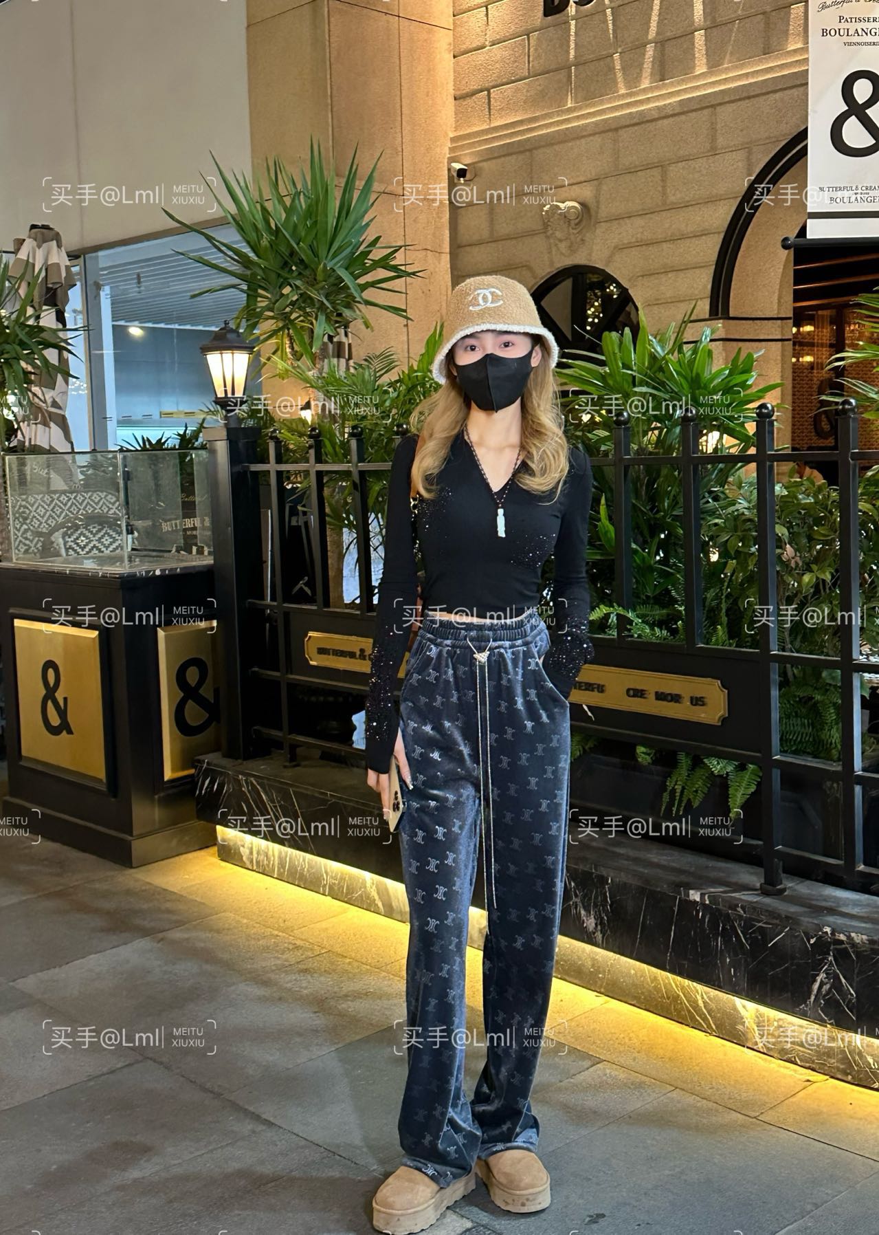 《老板娘推荐》2024冬季新款定制丝绒休闲时尚显瘦微窄版阔腿裤