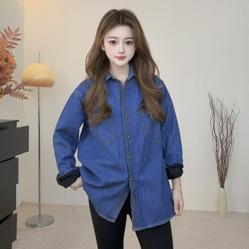 小个子秋冬牛仔衬衫加棉外套复古港风厚款宽松经典叠穿百搭81953