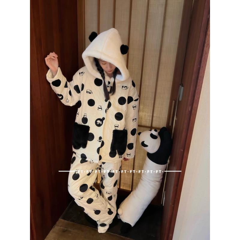 冬季三层夹棉女睡衣印花熊猫保暖家居服可外穿连帽可爱套装