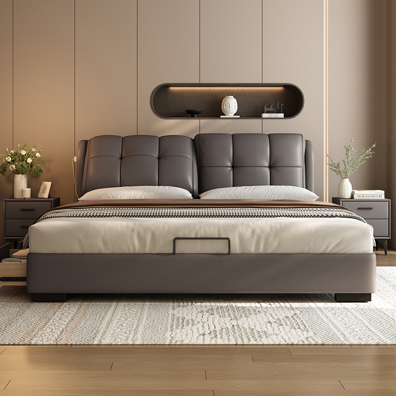 意式极简多功能真皮床主卧大床现代简约小户型双人床软包皮床