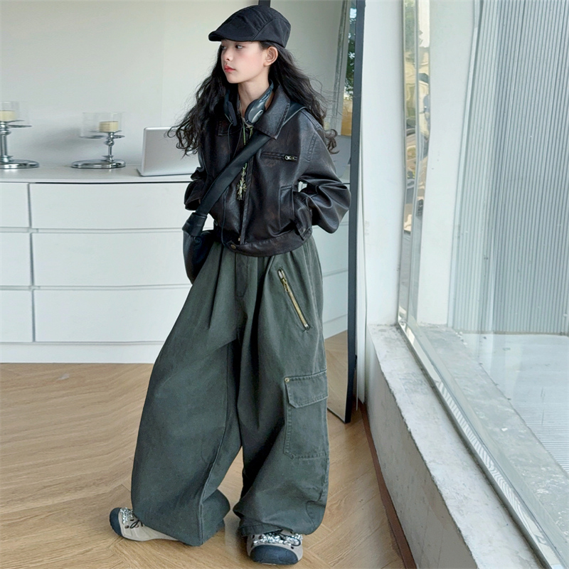 【嘻嘻柚】女童2025秋季潮酷时髦机车服皮衣夹克外套宽松工装裤套装