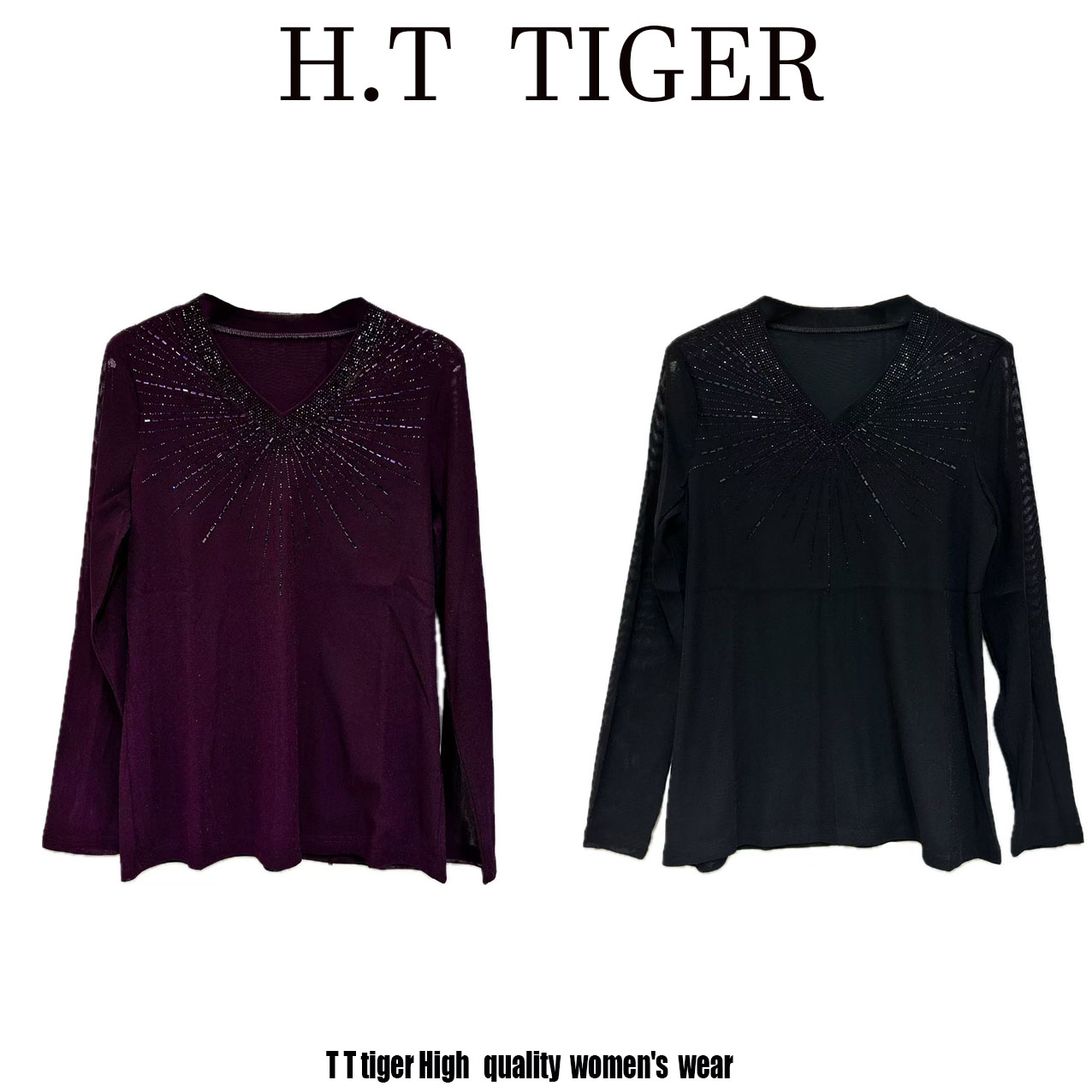 中老年女装大码网纱气质轻奢减龄高级感重工百搭时尚长袖镶钻