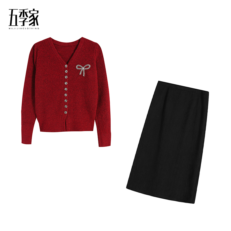 红色上衣ZL114314搭配ZL110490黑色长半裙两件套装