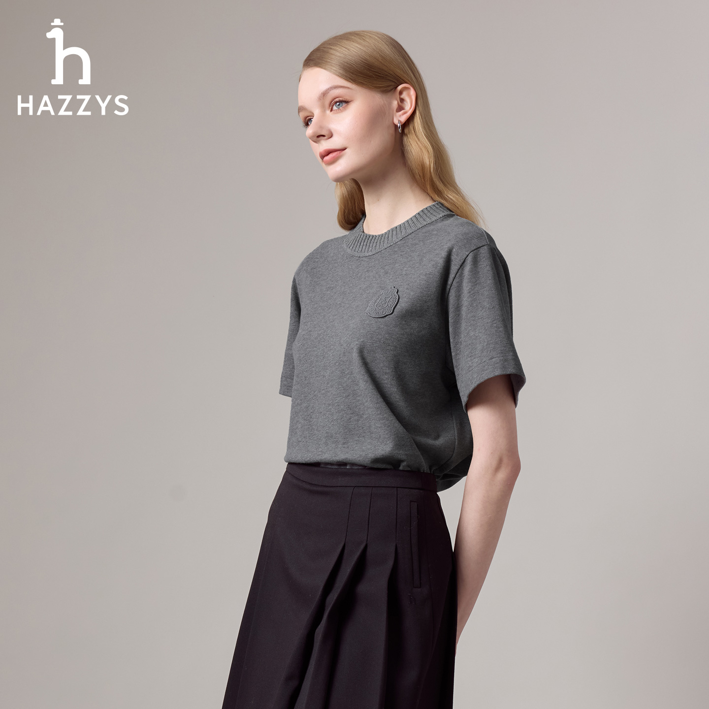 【商场同款】HAZZYS哈吉斯秋季重磅宽松短袖T恤衫女士时尚休闲上衣