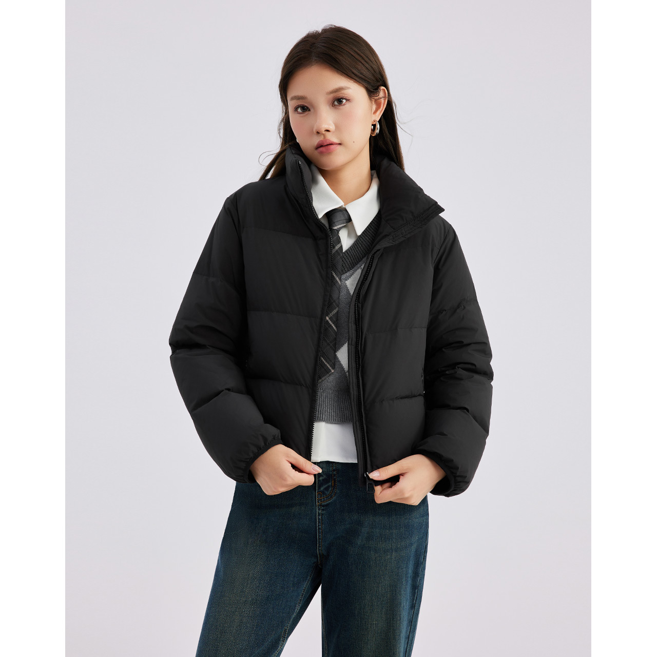 IEF/爱依服2025新款冬季气质修身时尚设计感短款立领外套女流光风