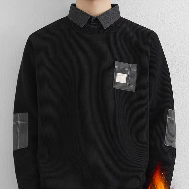 假两件男士冬季一体绒加绒加厚衬衫领简约百搭假两件打底