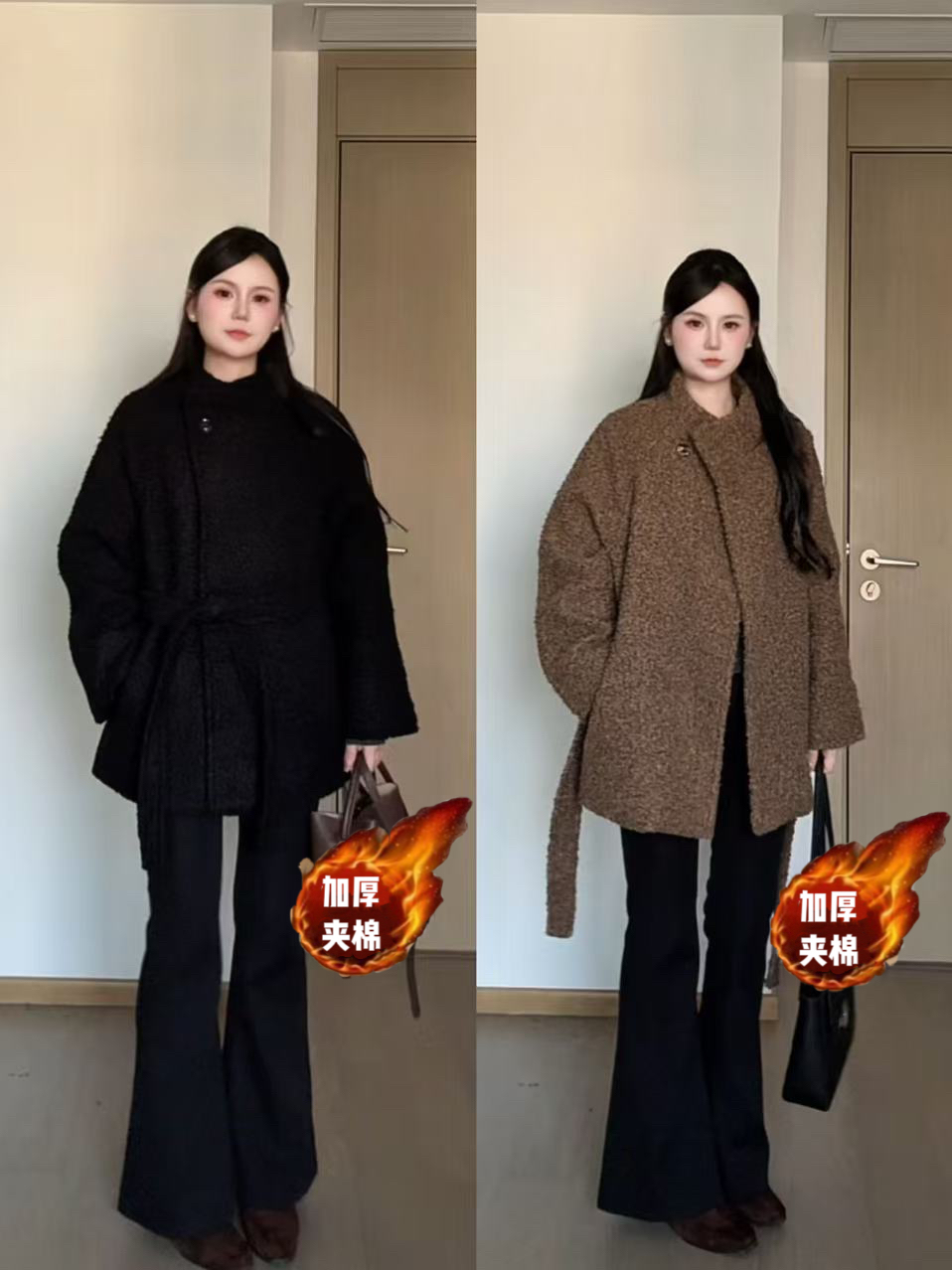 【冬日絮语】2025秋冬夹棉加厚时尚百搭显瘦洋气绑带收腰中长大衣女