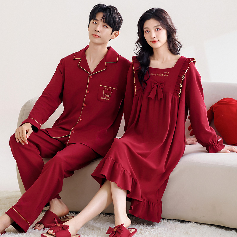 【两套礼盒装】红色情侣睡衣春秋季纯棉睡裙女宫廷风结婚新婚家居服