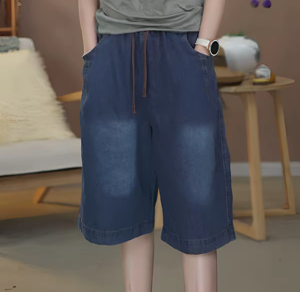 【DG】夏季新款复古时尚潮流百搭宽松米奇牛仔抽绳六分短裤5751