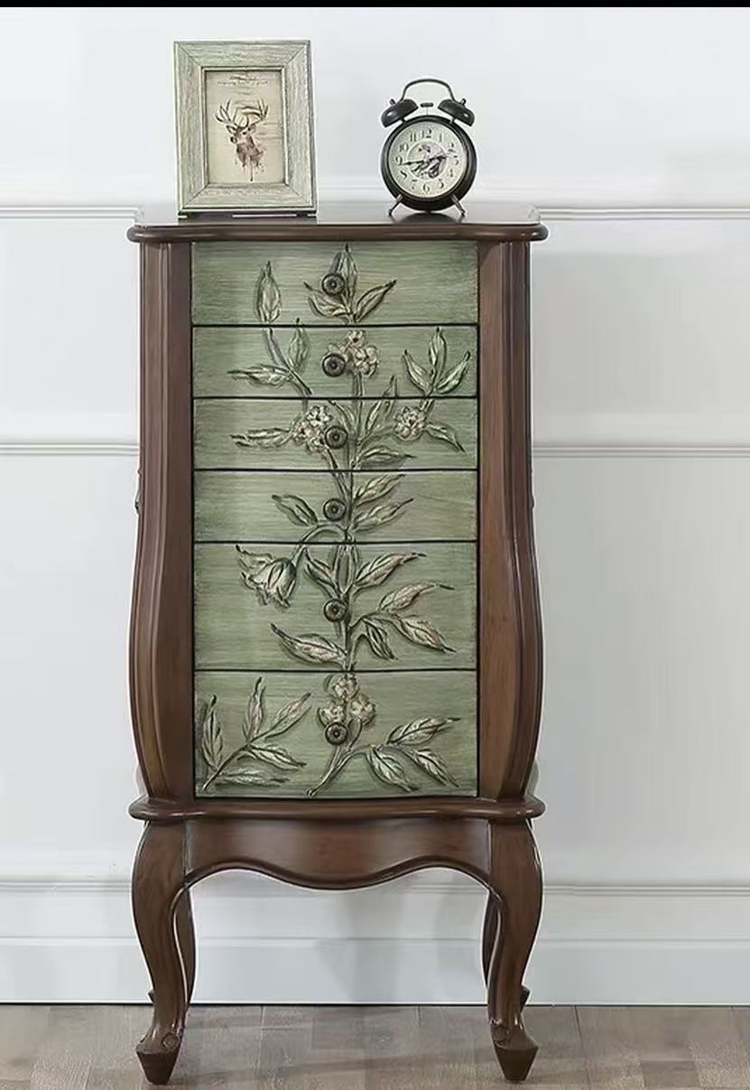 美式创意地中海彩绘五斗柜卧室梳妆柜首饰收纳柜落地珠宝柜带镜子