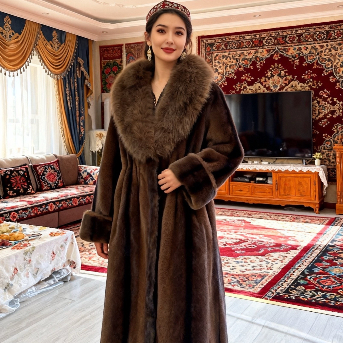 网红米兰貂收腰段染托卡披肩大毛领皮毛一体女士冬季毛毛 外套