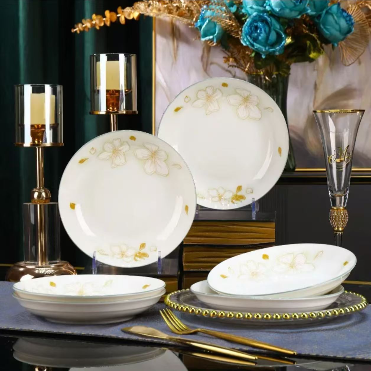 金茉莉8英寸加大饭盘10只装釉下彩高颜值网红家用