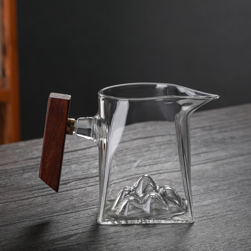 高硼硅玻璃木把公道杯耐热茶水分离泡茶杯带盖玻璃观山三件杯