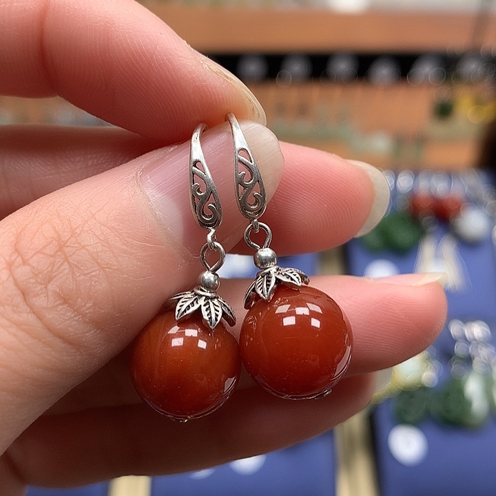 玛瑙/玉髓银S925镶嵌耳环12左右