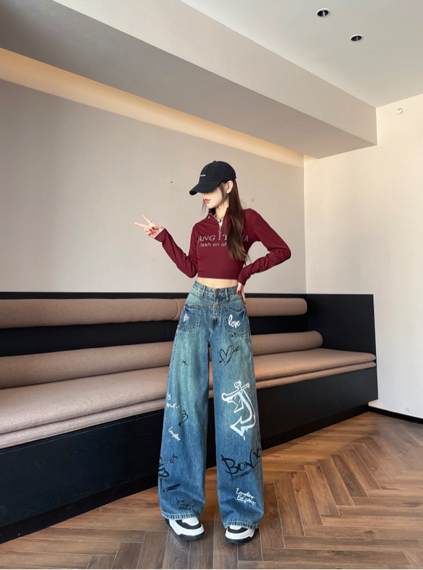 复古印花阔腿设计感涂鸦牛仔裤女春季新款高腰显瘦宽松直筒拖地裤