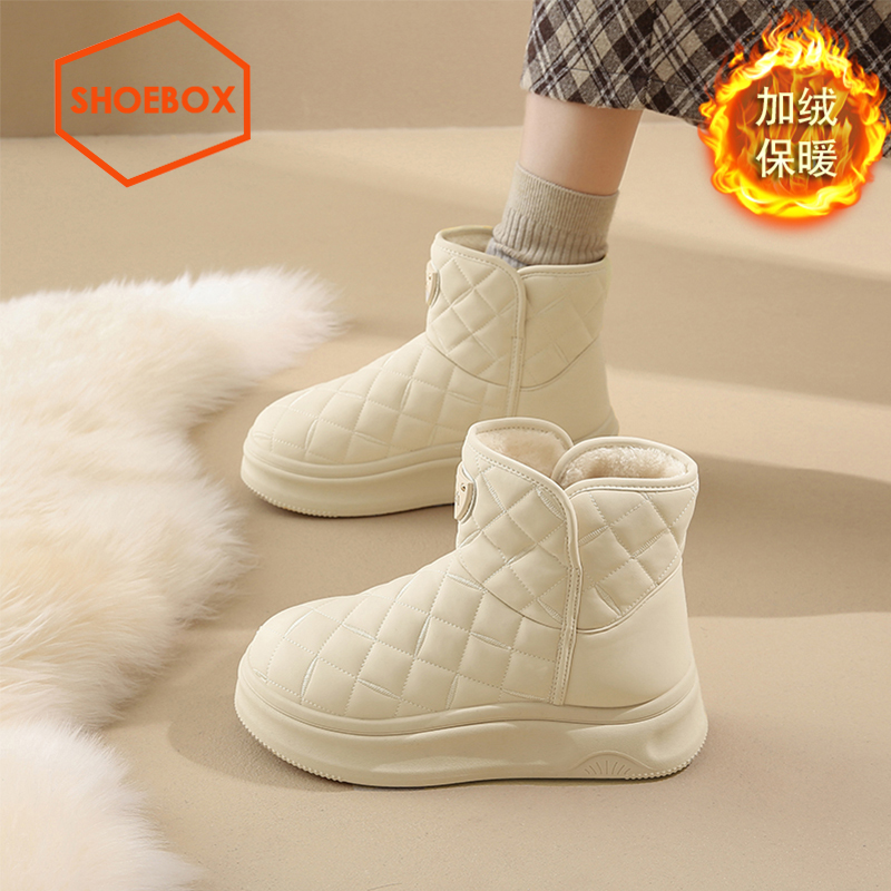 达芙妮集团旗下雪地靴女冬季加绒东北棉鞋白色皮面防水防滑面包鞋