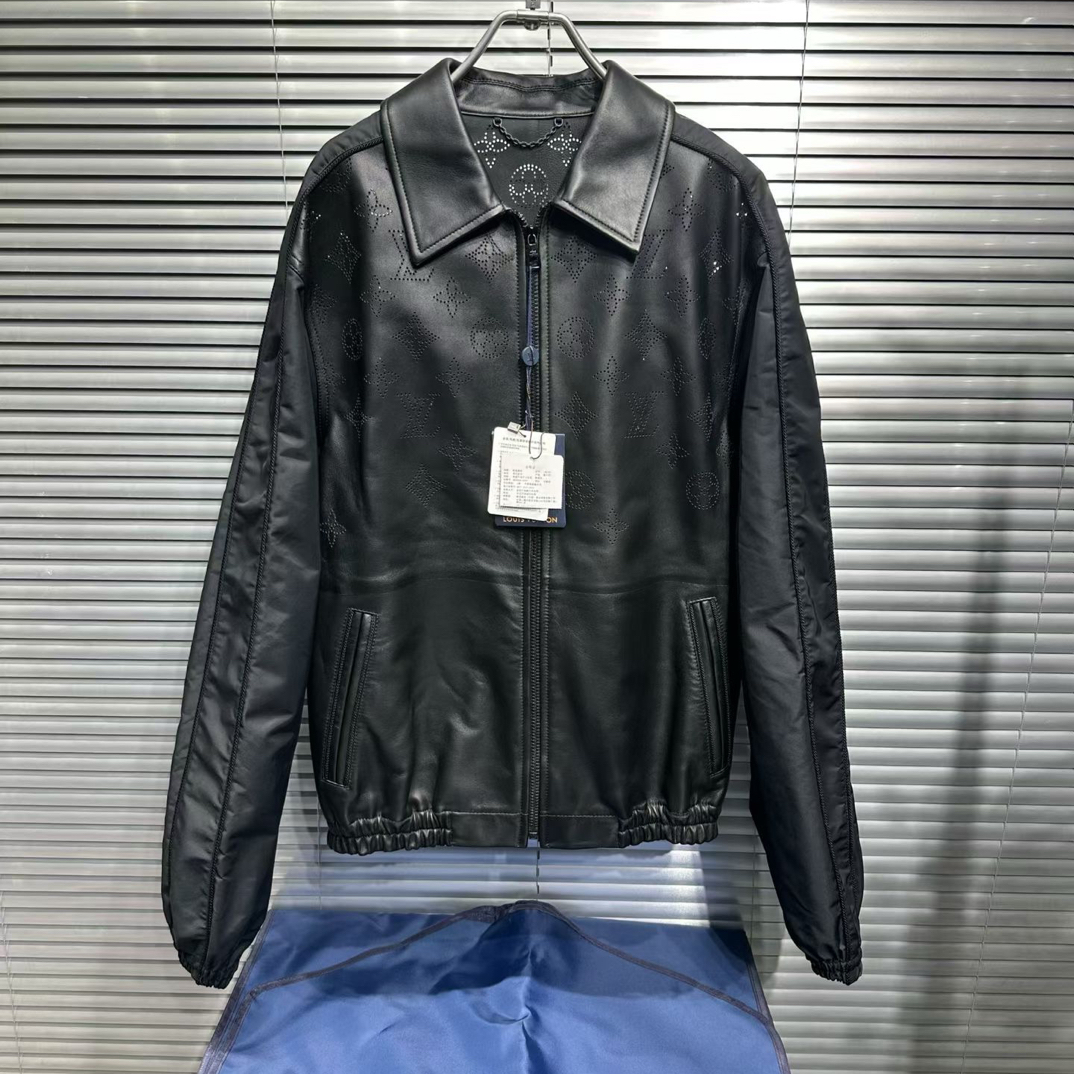 未使用 LouisVuitton/路易威登 镂空三花拼接皮衣拉链夹克/50码