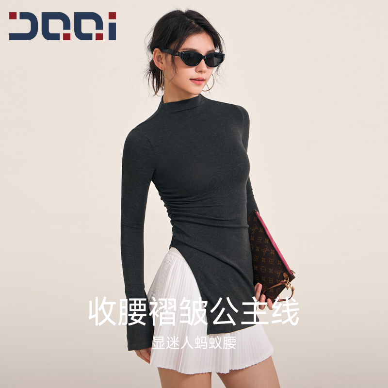 的确奇【秋上新】半高领侧开叉长款T恤遮臀显瘦瑜伽服健身衣2166