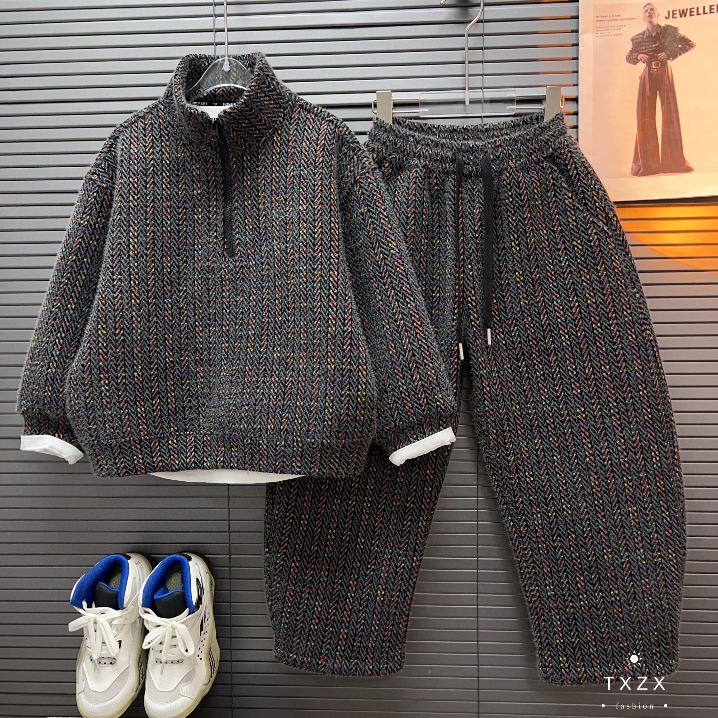 TX-25DY267冬季新款轻奢高定制亲子半拉链款韩版加绒加厚休闲套装