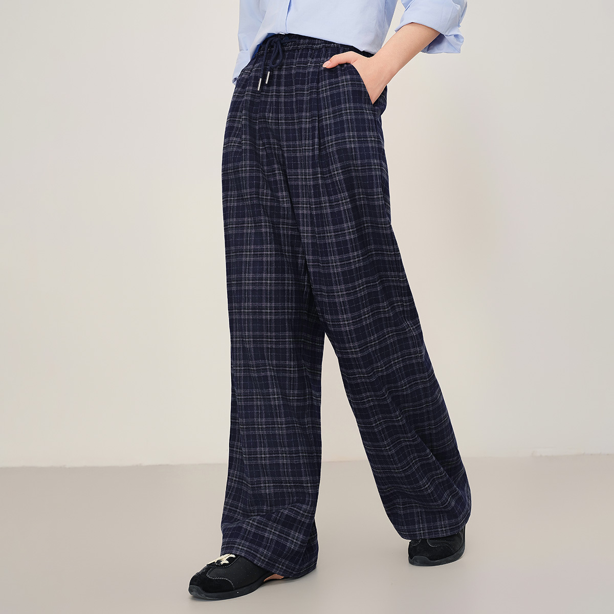 【蓝格纹裤】茵曼25冬季时尚格纹抽绳阔腿裤百搭宽松保暖长裤子