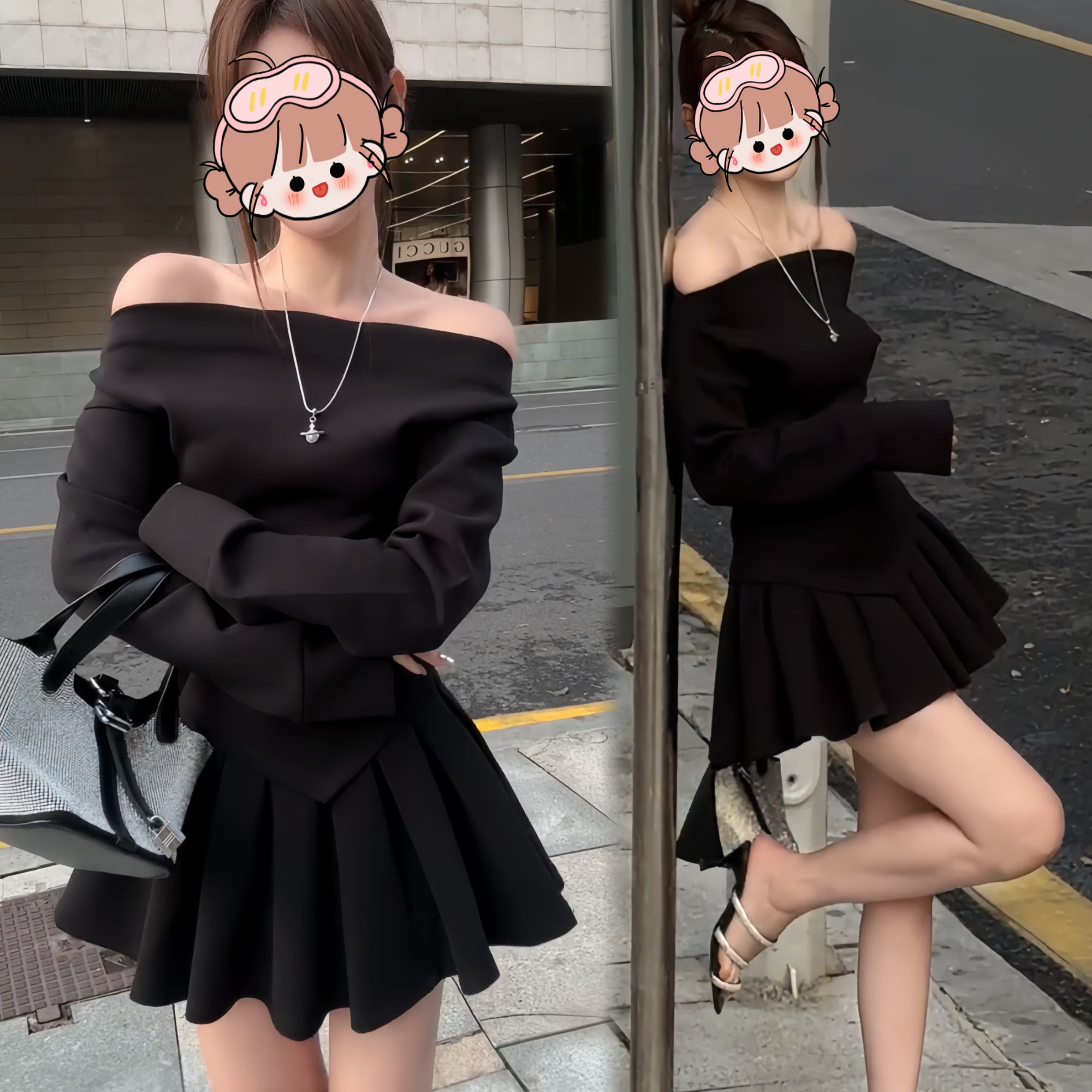 早春穿搭一整套2025网红辣妹风一字肩卫衣套装女洋气显瘦两件套