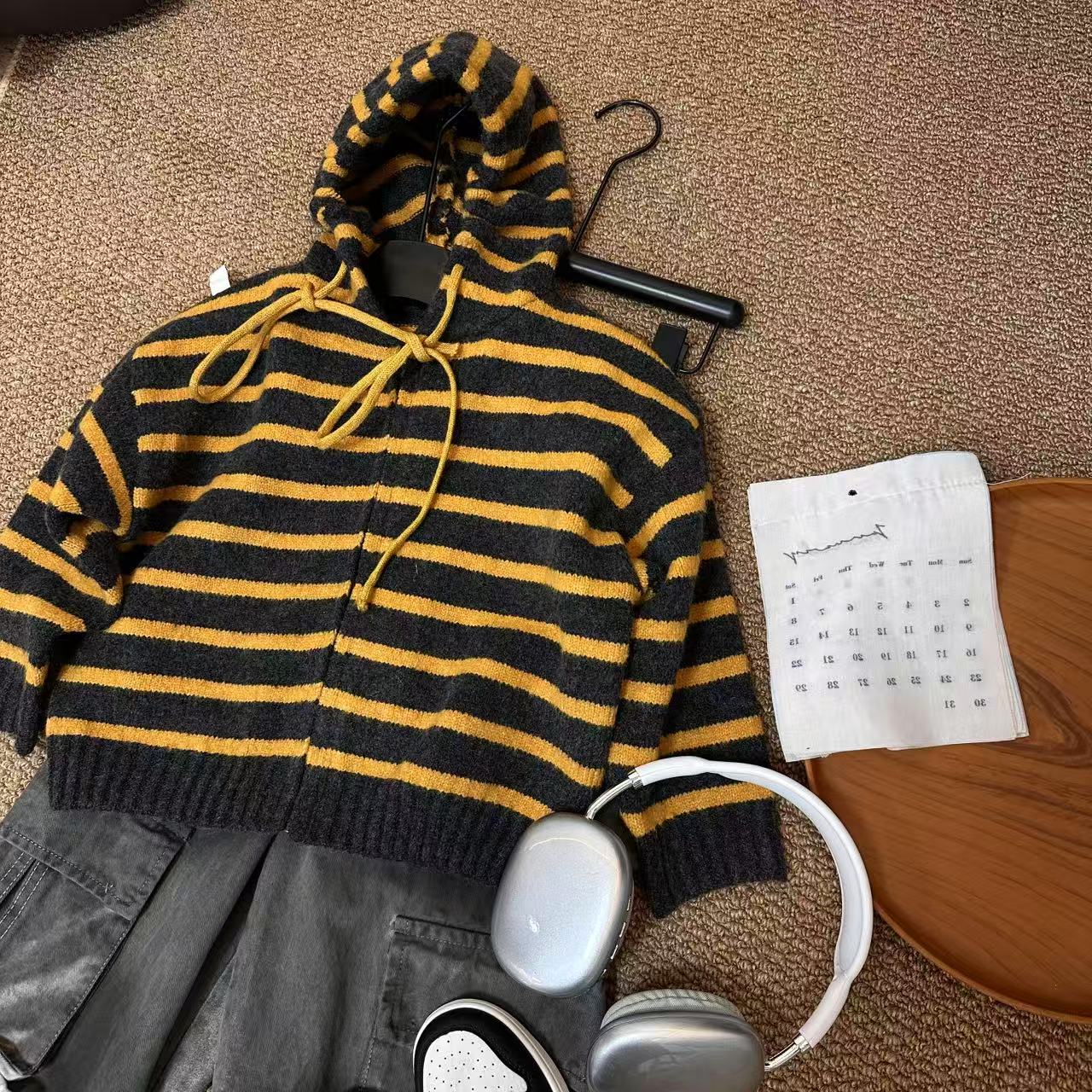 5069男女童洋气时尚潮流休闲百搭春秋季黄条纹拉链毛衣开衫