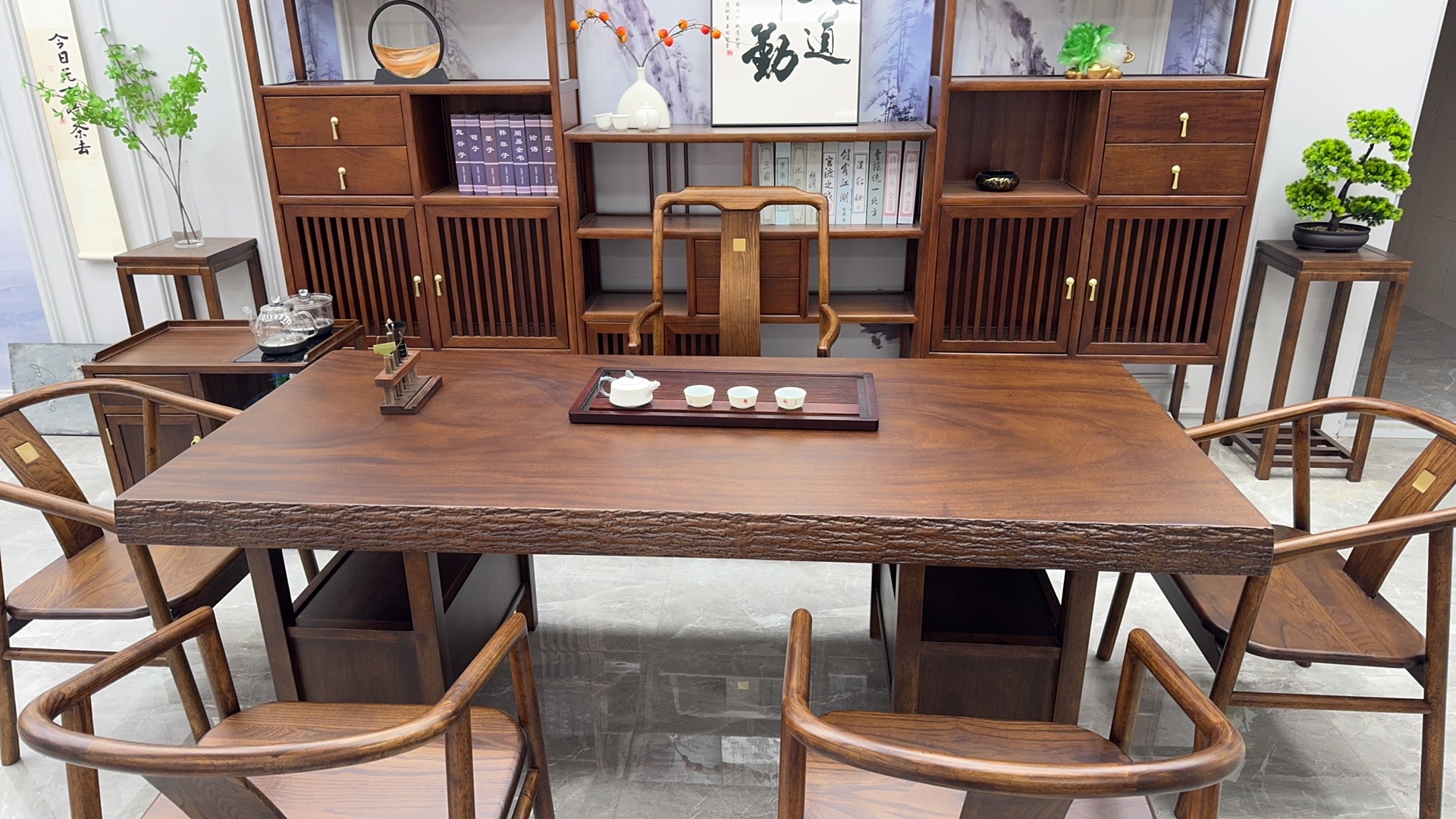 【新款大板茶桌】客厅乌金木新中式办公室家用阳台茶桌茶台一体整套