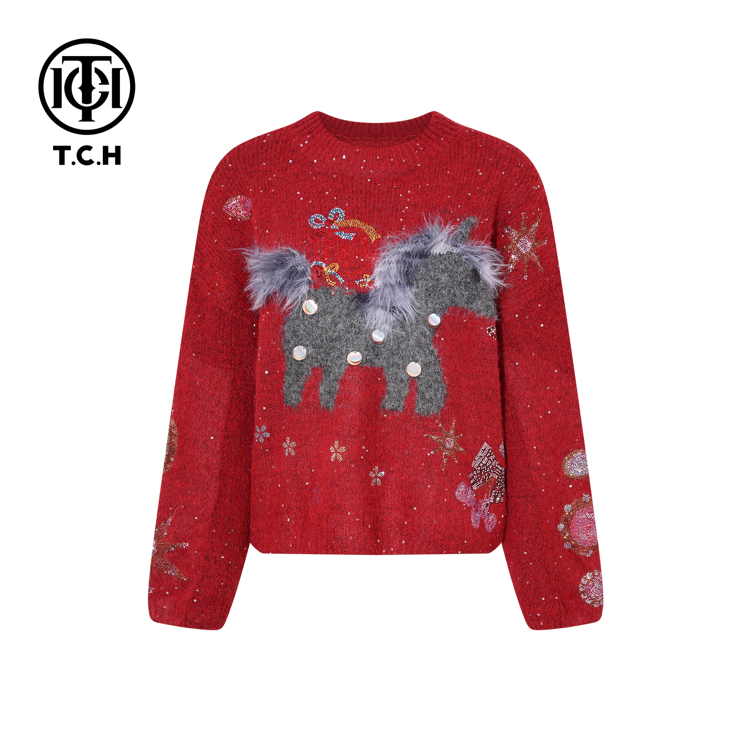 TCH【时尚百搭】冬款时尚烫钻红色休闲风女装针织衫T75D09E1238上衣
