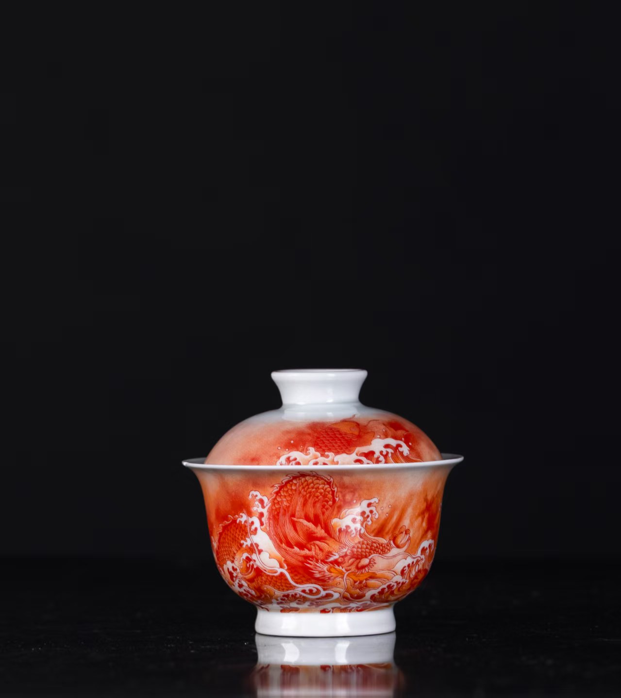 景德镇仿古矾红鱼化龙元宝二才盖碗陶瓷手工功夫茶杯套装茶碗茶具