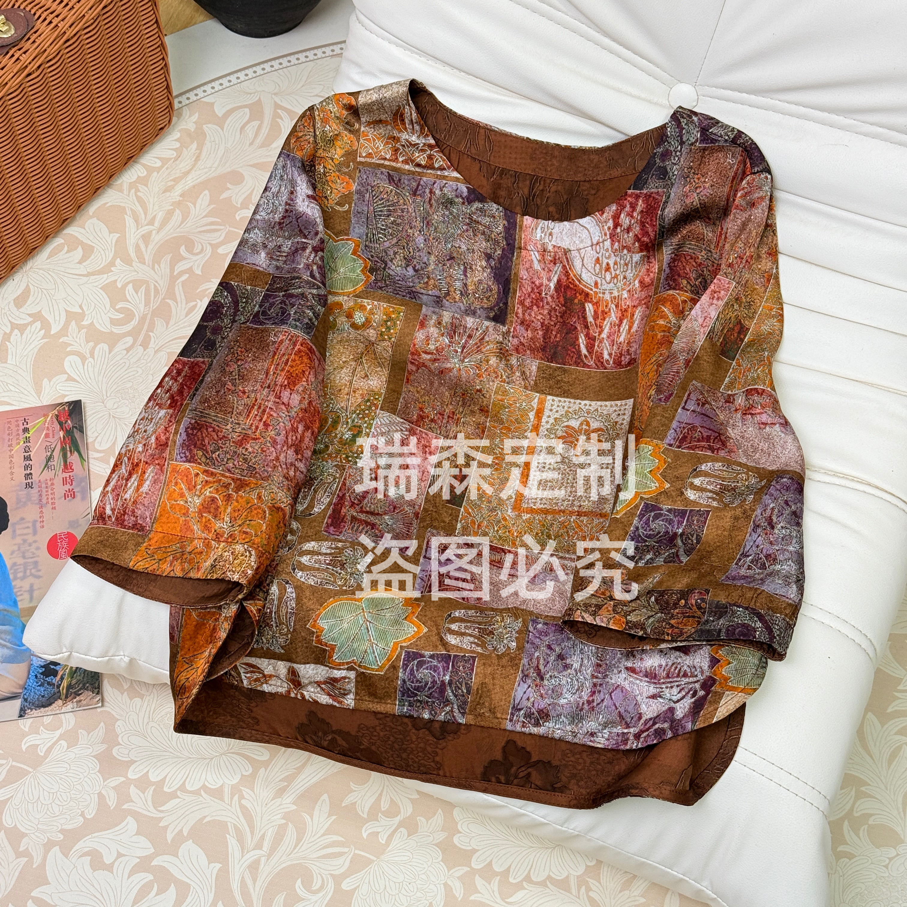 330 金秋中式国风圆领中袖T恤上衣-胸围98-前长54后长59