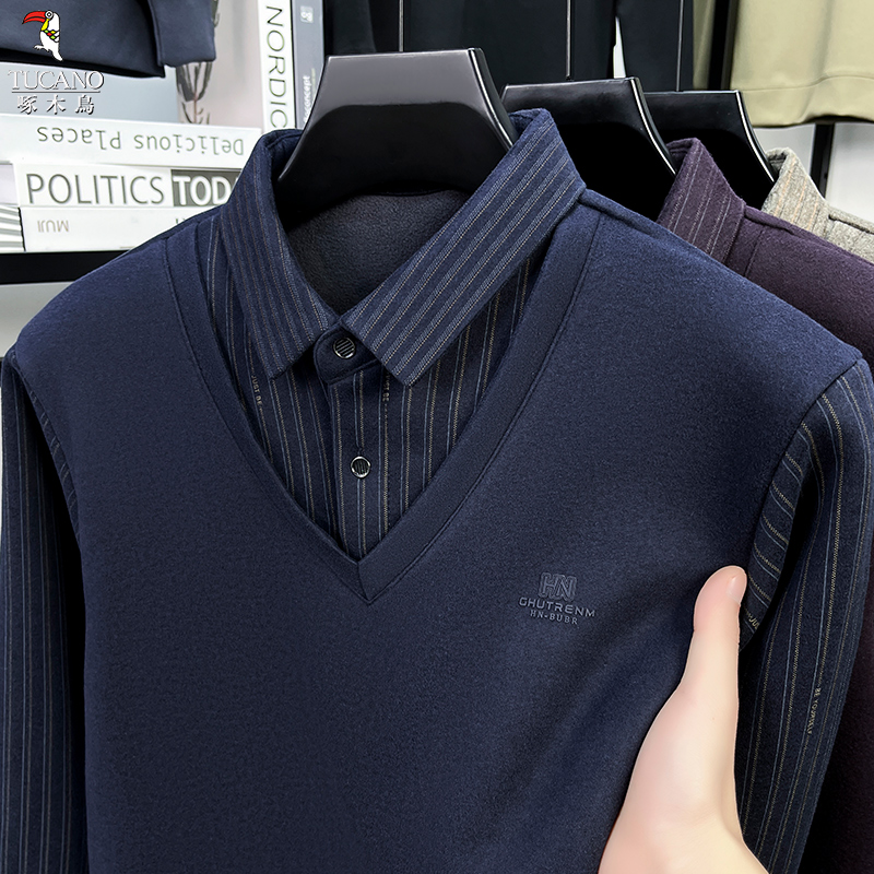 【含羊毛加厚假两件】啄木鸟POLO衫加绒加厚保暖男士日常百搭舒适