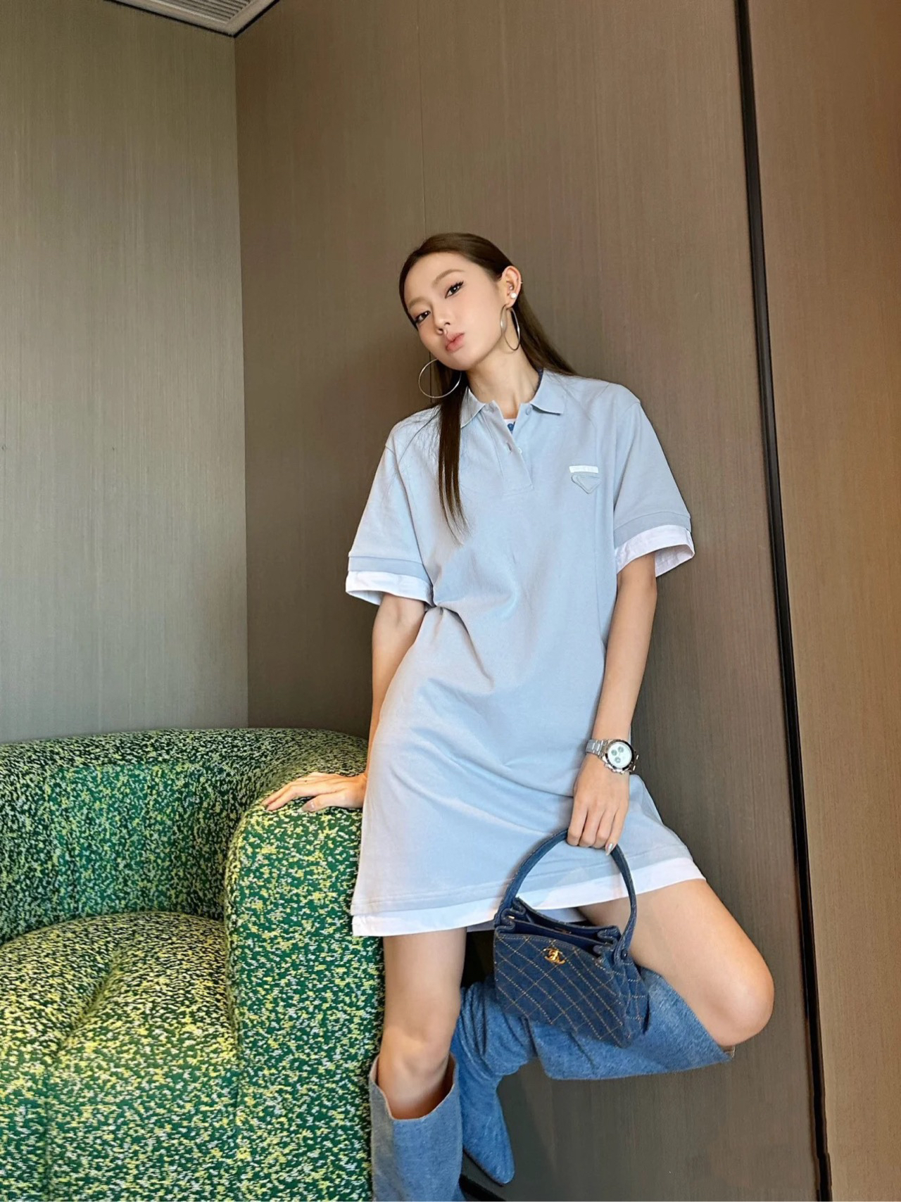 全新未使用 Prada/普拉达 24新款雾霾蓝连衣裙 44码 01562