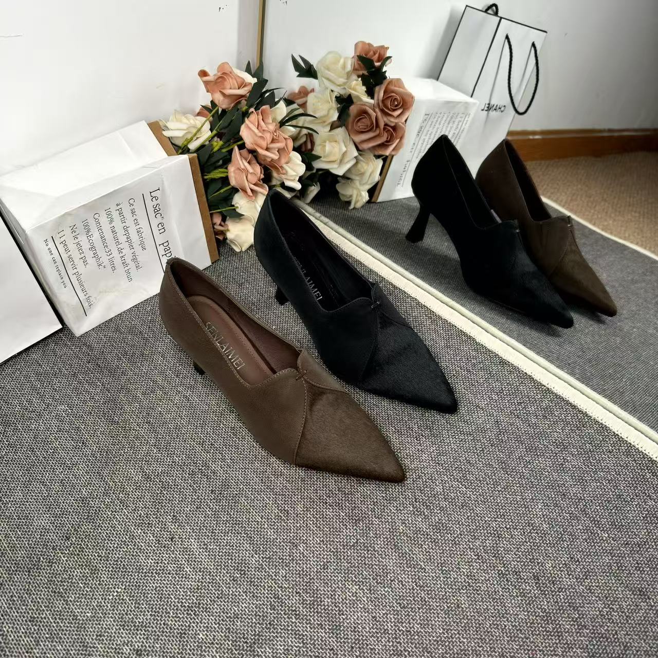 【优雅风】SLM/牛皮/6CM/33-40/9771真皮马毛拼接高跟气质时尚女鞋