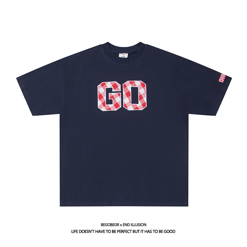 拔尖儿BEGOBEGR标识GO字母千鸟格贴布绣嘻哈短袖男女宽松国潮TEE