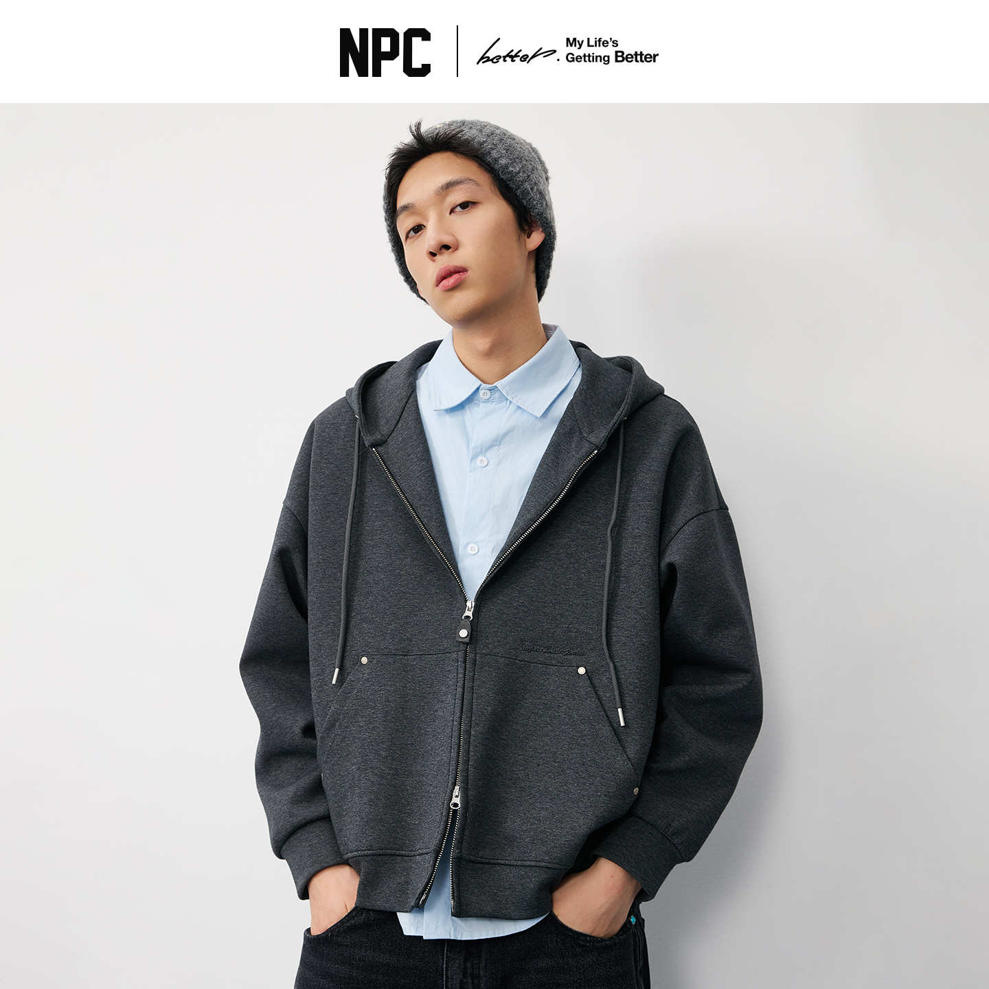 NPC潮牌撞钉双头拉链空气层连帽卫衣外套男宽松秋季上新NP57ST52