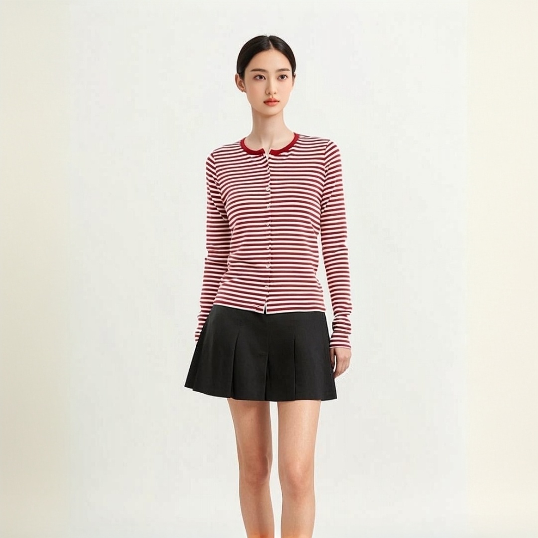 BM风条纹官网新款纯棉单排扣长袖T恤休闲显瘦红白条纹外套开衫