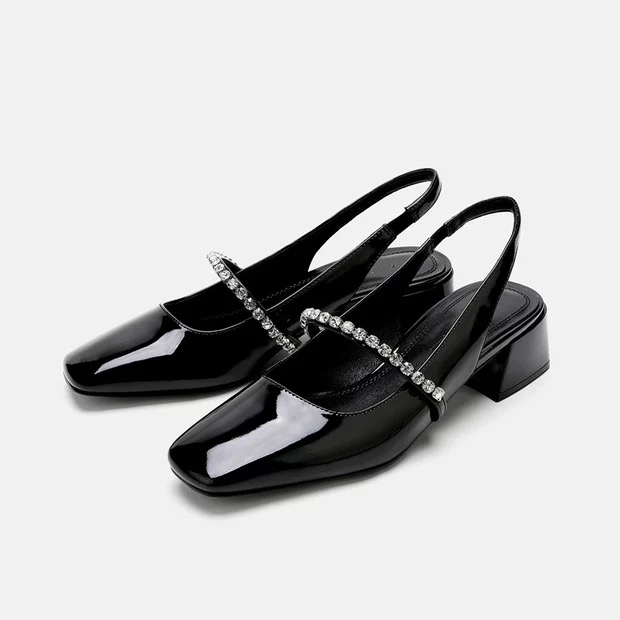 0030水钻包头低跟凉鞋女2025春季新款一字带粗跟后空玛丽珍单鞋女