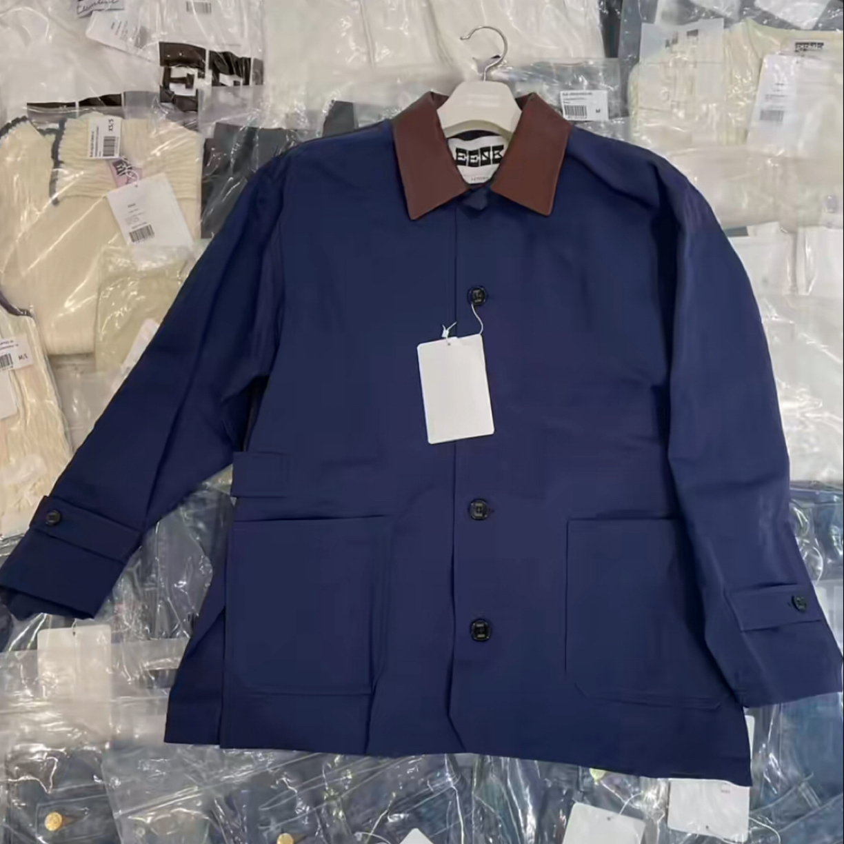 韩国EENK26年早春新款复古显瘦宽松翻领工装休闲外套蓝色时尚户外