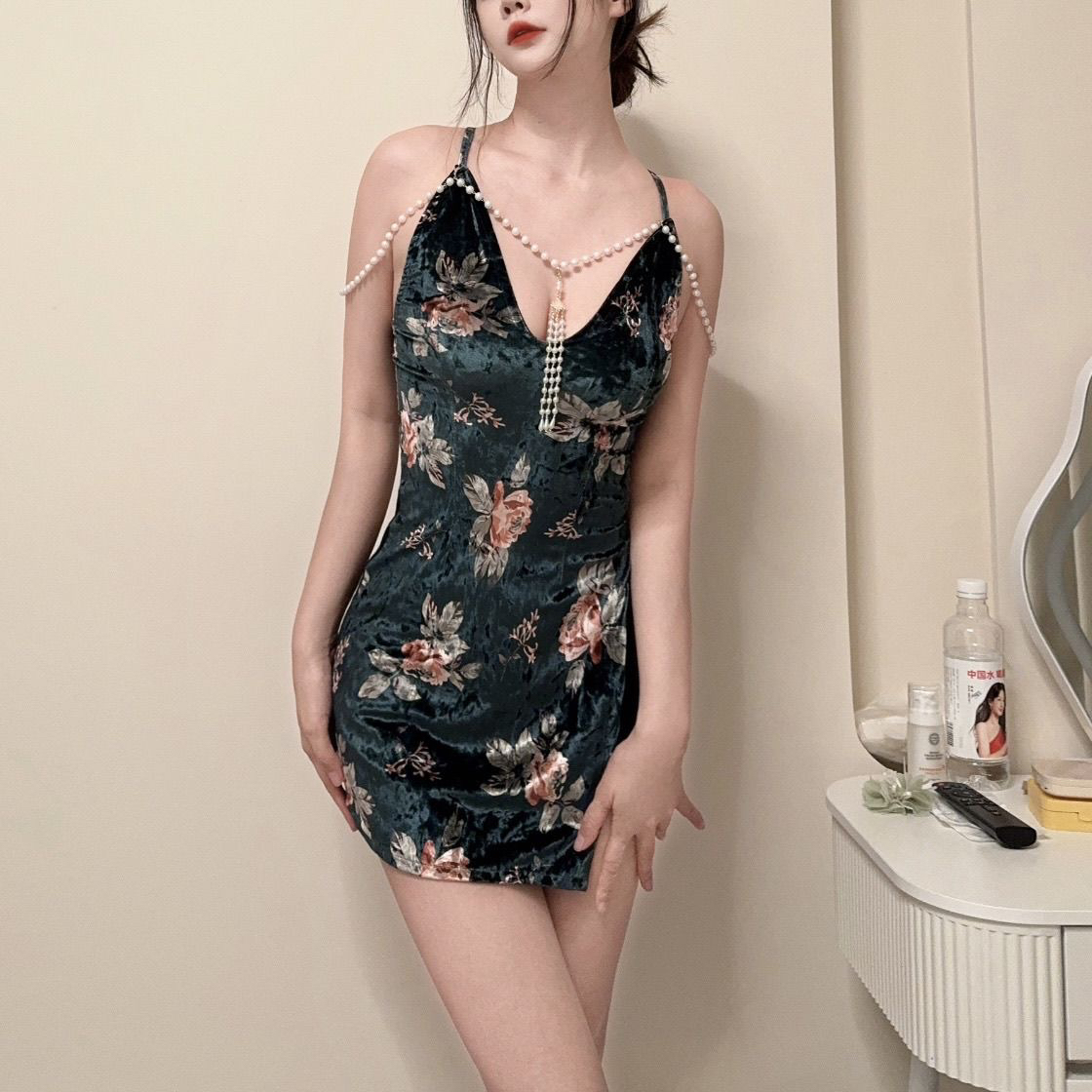 【繁花夫人】珍珠链金丝绒高级旗袍高贵优雅睡衣睡袍cos服