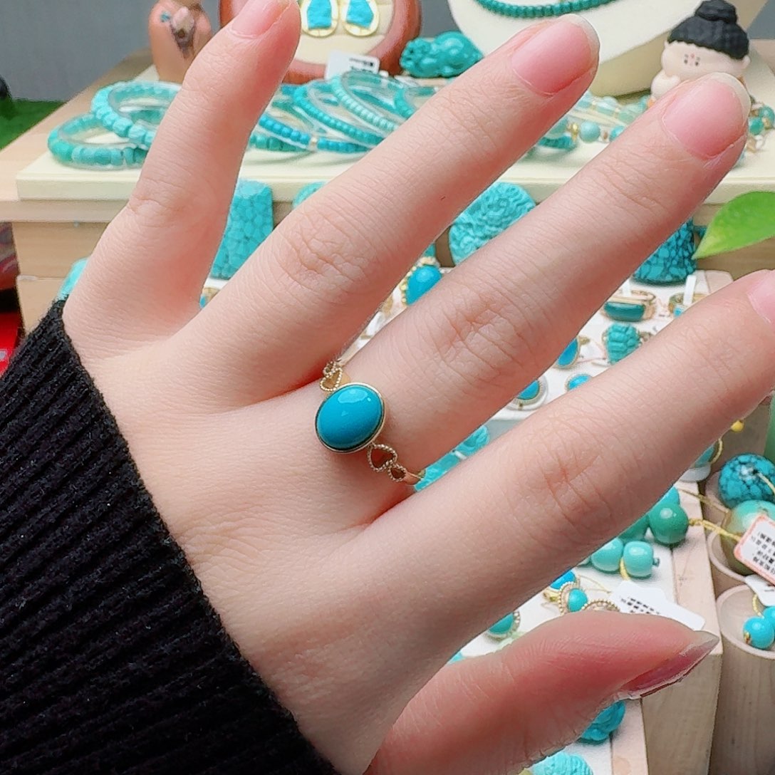 绿松石18K金镶嵌高瓷玉化蓝精美女戒