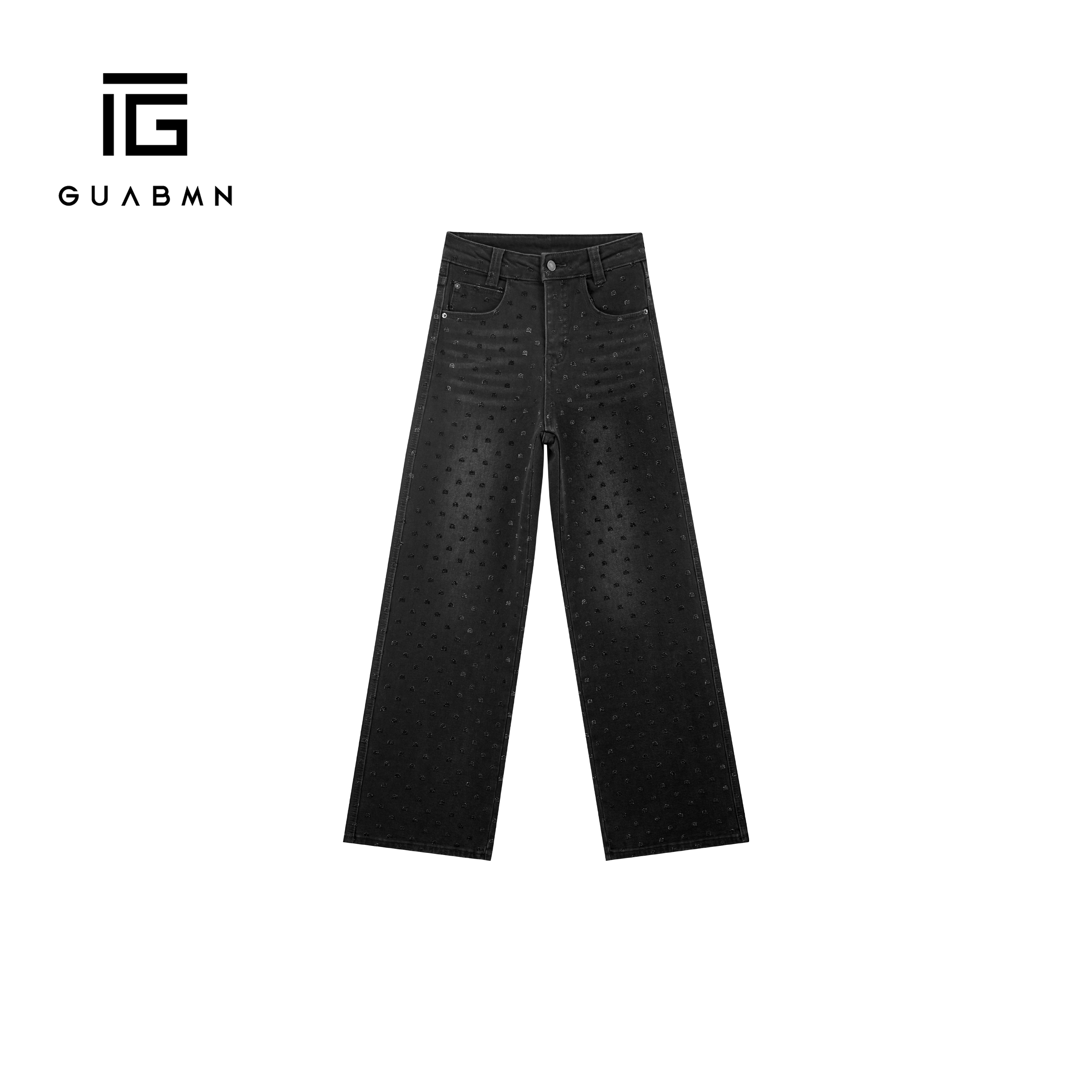 GUABMN2025冬季新款复古字母烫钻高腰加绒长裤休闲百搭牛仔裤5987