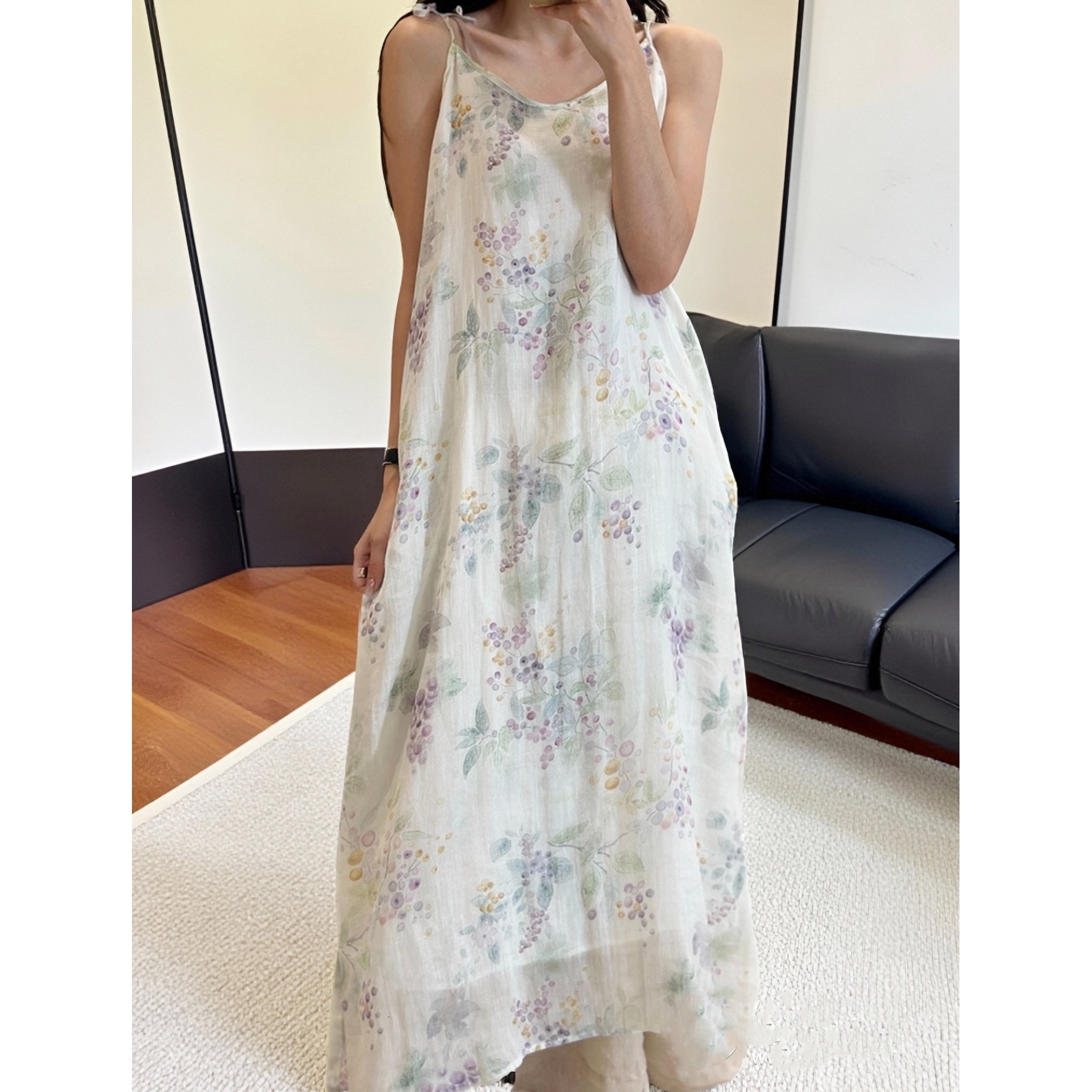 花野来信/新中式女印花系带吊带裙无袖圆领宽松碎花连衣裙