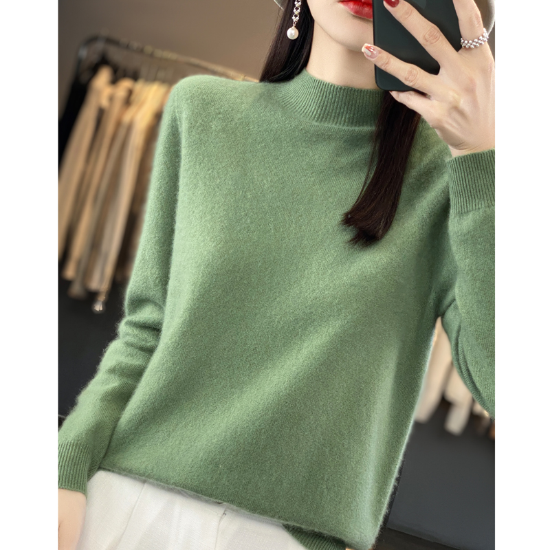 经典 秋冬100%纯羊毛衫女半高领套头毛衣一线成衣针织打底衫