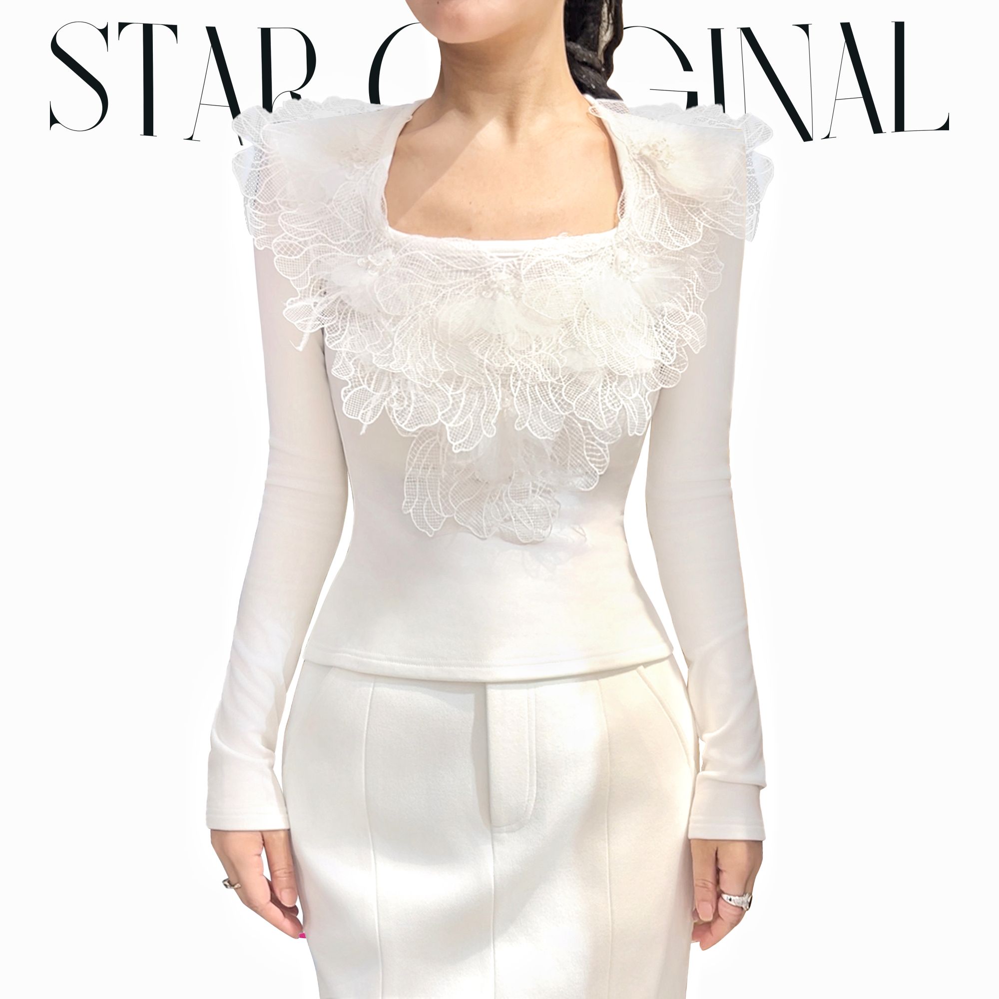 【星姐推荐】星原创高级定制【方领白茶】设计师轻奢名媛加绒保暖上衣