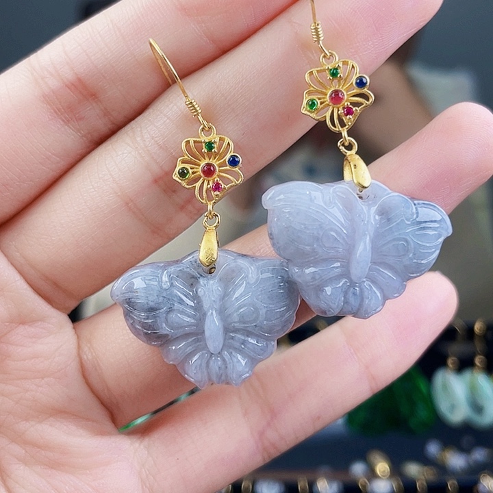翡翠耳饰银S925镶嵌饰品