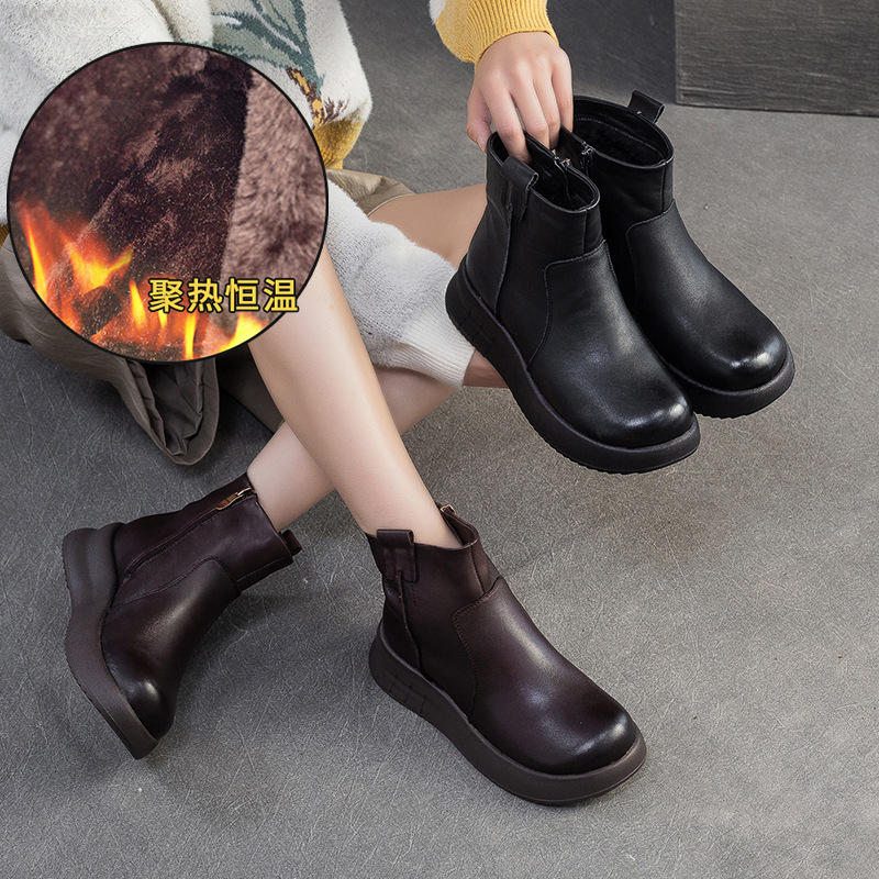 【轻便舒适-头层牛皮跟高4cm（新）】复古圆头平底休闲风百搭短筒女