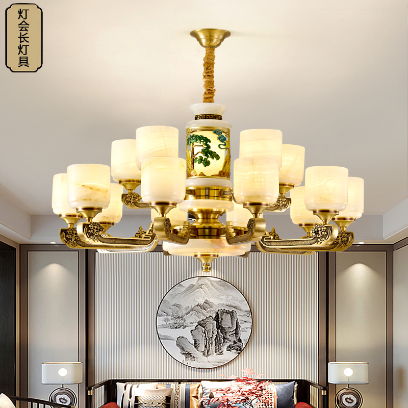 全铜玉石吊灯新中式复式挑高大厅灯高端大气别墅客厅餐厅灯具9826