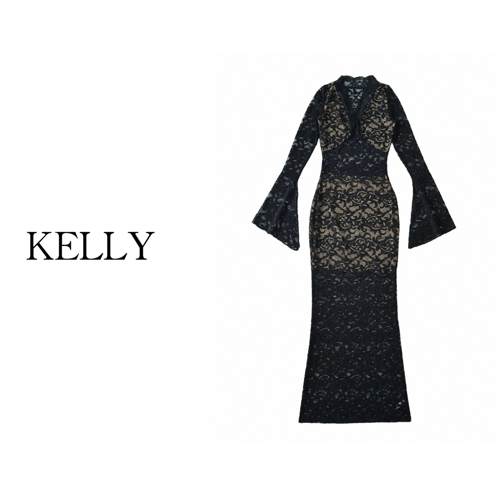 KELLY/暗夜繁花/蕾丝连衣裙/V领收腰长裙带内衬/性感镂空包臀裙