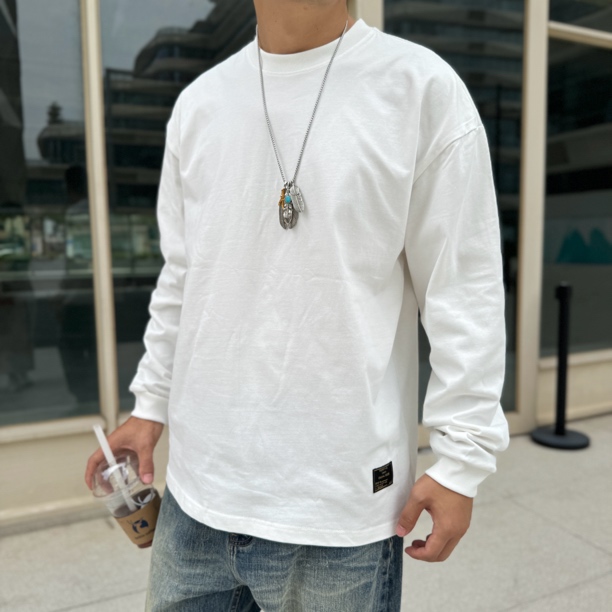 GETY纯色长袖T恤全棉重磅280克落肩宽松版型圆领打底百搭水洗纯棉